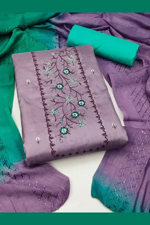 Ishin Purple & Green Floral Embroidered Unstitched Dress Material