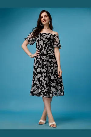 Kalini Abstract Printed Off-Shoulder Georgette Fit & Flare Dress