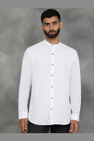 JADE BLUE Men Band Collar Solid Linen Slim Fit Casual Shirt