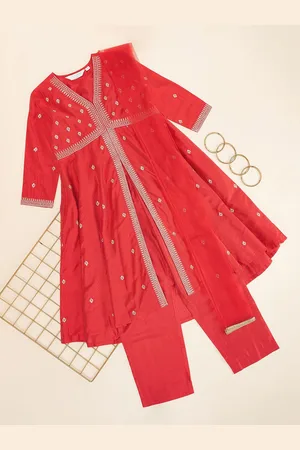 Pantaloons Girls Floral Zari Embroidered V-Neck Panelled Pure Cotton Kurta Set