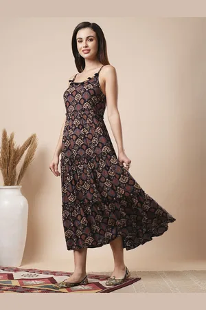 Globus Printed Cotton Shoulder Straps Fit & Flared Tiered Midi Dress