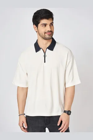 PEOPLE Men Solid Polo Collar Cotton Boxy T-shirt