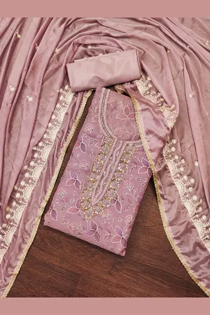 Ishin Floral Embroidered Beads and Stones Organza Unstitched Dress Material