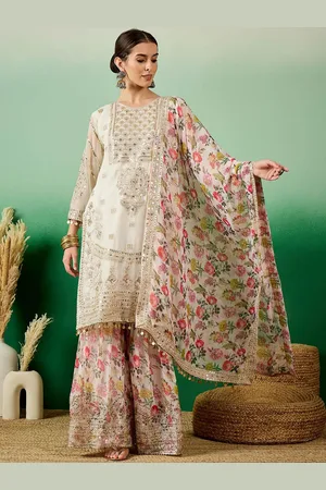RAJGRANTH Floral Embroidered Sequinned Straight Kurti with Palazzos & With Dupatta