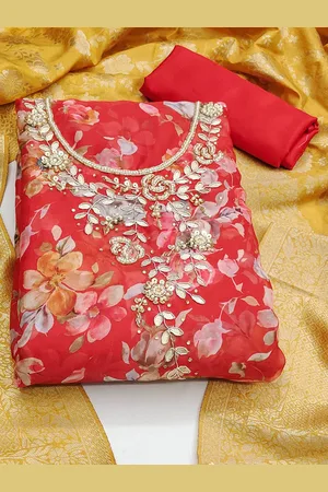 Ishin Red Floral Embroidered Beads and Stones Organza Unstitched Dress Material