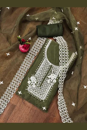 Ishin Floral Embroidered Zari Work Organza Unstitched Dress Material
