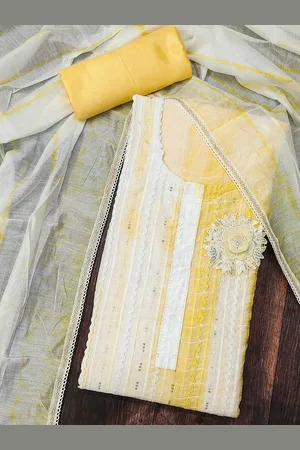 Ishin Yellow & White Striped Embroidered Sequinned Unstitched Dress Material