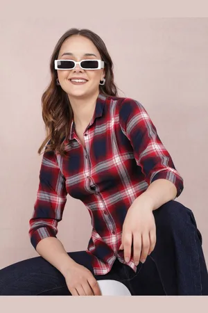 Crimsoune Club Women Smart Spread Collar Tartan Checked Cotton Slim Fit Casual Shirt