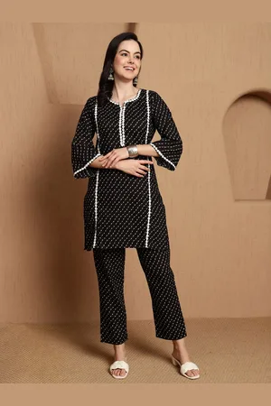 Bandia Polka Dots Printed Notch Neck Pure Cotton Kurta & Trousers