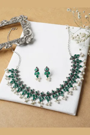 TEEJH Stone Studded & Beaded Oxidised Jewellery Set