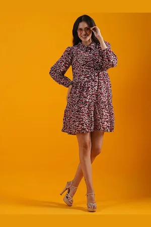 Globus Pink Animal Print Tiered Georgette A-Line Dress