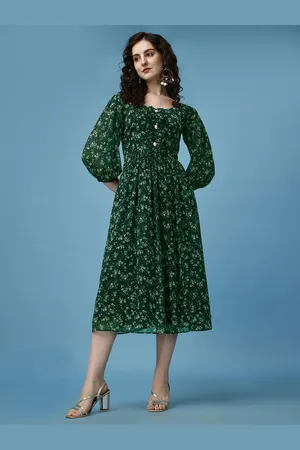 Kalini Floral Printed Square Neck Puff Sleeve Fit & Flare Midi Dress