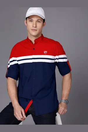 DUCATI Colourblocked Band Collar Pure Cotton Casual Shirt
