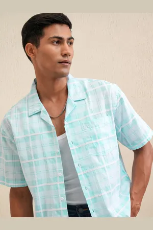 LocoMotive Premium Men Dobby Checked Cuban Collar Relaxed Shirt
