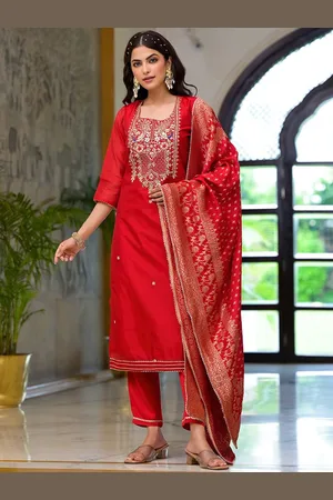 Divena World Floral Embroidered Gotta Patti Pure Cotton Straight Kurta With Trousers & Dupatta