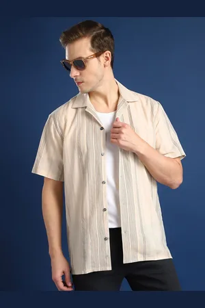 HANCOCK Men Relaxed Cuban Collar Vertical Striped Cotton Relaxed Fit Casual Shirt