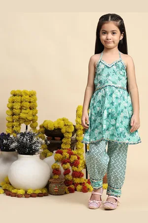 Cutiekins Girls Floral Printed Halter Neck A-Line Kurta With Salwar