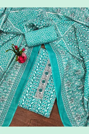 Ishin Sea Green Floral Printed Pure Cotton Unstitched Dress Material