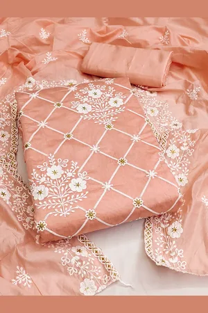 Ishin Peach-Coloured & White Floral Embroidered Unstitched Dress Material