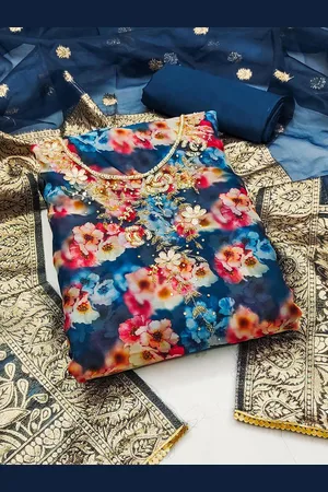 Ishin Blue & Pink Floral Printed Organza Unstitched Dress Material