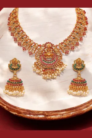 Anouk Laxmi Design Stone Studded & Beaded Temple Jewellery Set