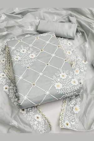 Ishin Floral Embroidered Beads and Stones Detail Cotton Unstitched Dress Material