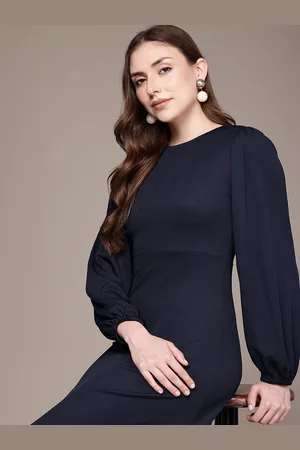 French Connection Puff Sleeves Ribbed A-Line Midi Dress