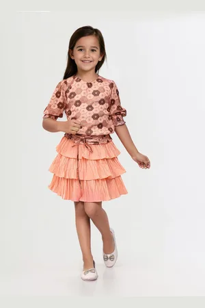 Toonyport Girls Geometric Printed Cuffed Sleeves Smocked Top with Skirt