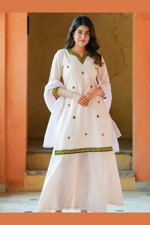 Ambraee Embroidered Regular Aari Work Pure Cotton Straight Kurta With Palazzos & Dupatta