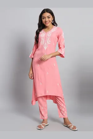 akheri Floral Embroidered Chikankari Straight Kurta With Trousers