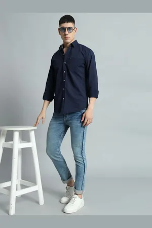 WILD WEST Men Straight Spread Collar Geometric Printed Cotton Casual Shirt