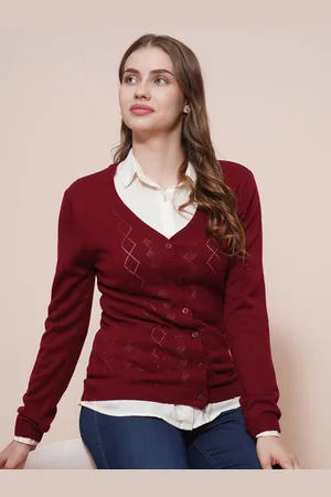 Globus Women Maroon V-Neck Full Sleeves Self Design Ribbed Hem Cardigan Sweater