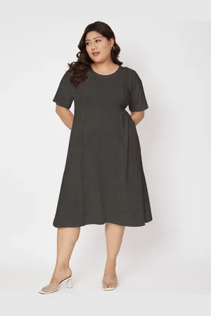 BRINN Women Plus Size Round Neck Cotton Fit & Flare Midi Dress