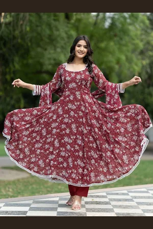 ASPORA Floral Printed Georgette Empire Kurta With Trousers & Dupatta