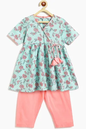 Campana Girls Floral Printed Angrakha Pure Cotton Kurti With Trousers