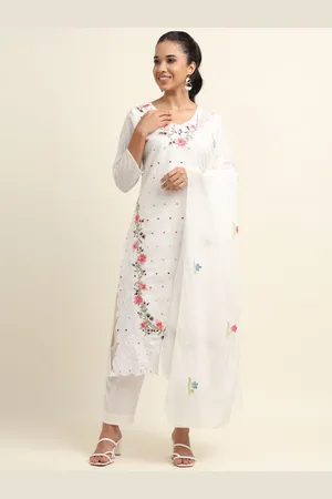ZARI Floral Embroidered Pure Cotton Straight Kurta & Trousers With Dupatta