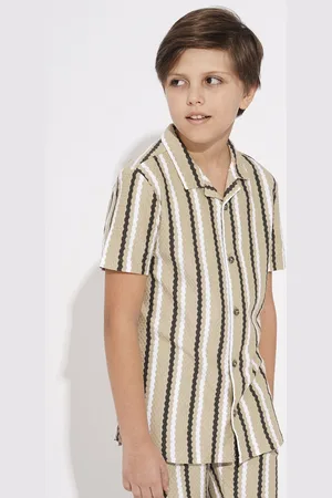 JACK & JONES Boys Cuban Collar Vertical Striped Cotton Casual Shirt