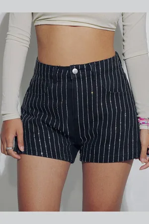 FREAKINS Women Striped Cotton Embellished High-Rise Denim Shorts