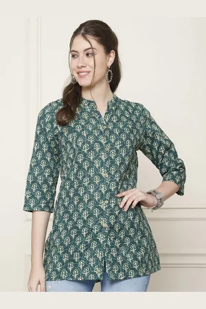 GRACIT Women Cotton Flower Dot Printed Mandarin Collar Tunic