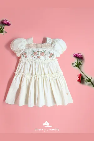 Cherry Crumble Girls Embroidered Floral Cotton Puff Sleeve A-Line Dress