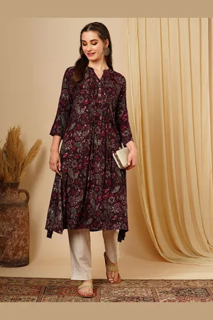 Globus Purple Floral Printed Band Collar A-Line Kurta