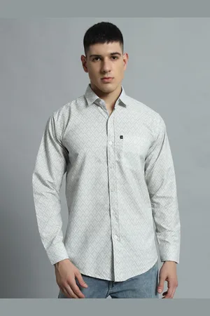 WILD WEST Men Straight Spread Collar Geometric Printed Cotton Casual Shirt