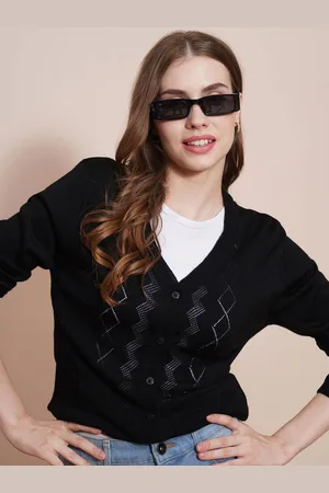 Globus Women Black V-Neck Self Design Ribbed Hem Cardigan Sweater