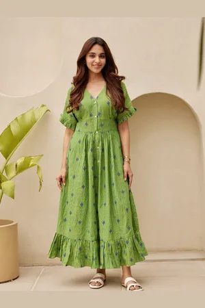 Ambraee Floral Print V-Neck Regular Sleeves Organic Cotton Maxi Dress