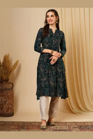 Globus Floral Printed Mandarin Collar Pleated A-Line Kurta