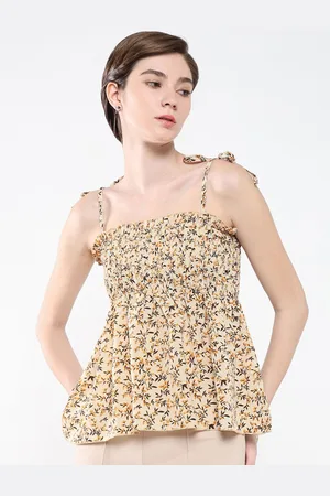 SHOWOFF Women Floral Print Smocked Shoulder Strep Peplum Top