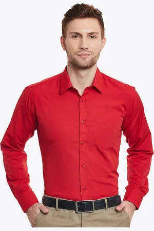 English Navy Men Solid Cherry Red Wrinkle Free Slim Fit Formal Shirt