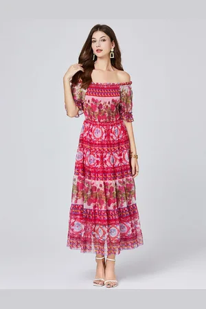 JC Collection Printed Off-Shoulder Fit and Flare Dress