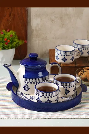 Aura White & Blue 6 Pieces Printed Ceramic Glossy Kettle Set