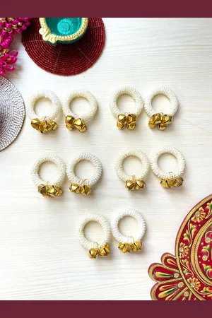 ISHKAARA Set Of 5 Gold-Plated Pearl Beaded Ghungroo Aarti Finger Rings With Musical Sound
